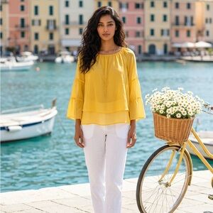 JM Collection Bright Yellow Boho Blouse/Coastal Cowgirl Bell Sleeve Top